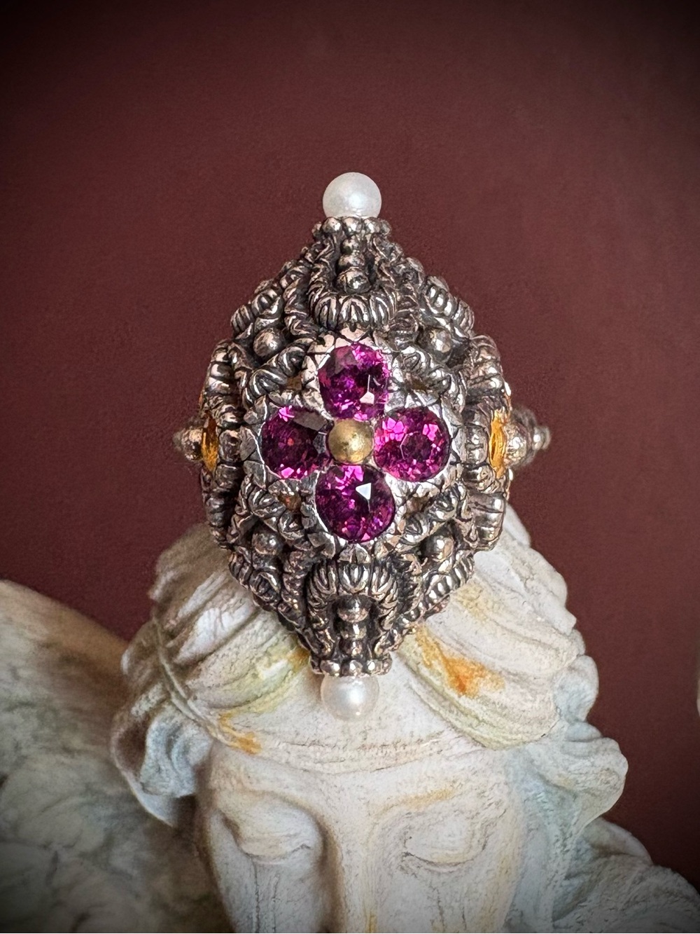 Flower Pod Sterling Silver 18k Gold Garnet Citrine Pearl Ring Barbara Bixby 6.75 - Picture 1 of 12